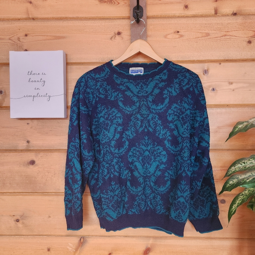 Cape Cod Sportswear Vintage Blue Knit Damask Sweater USA Made Retro 80s 90s Sz L